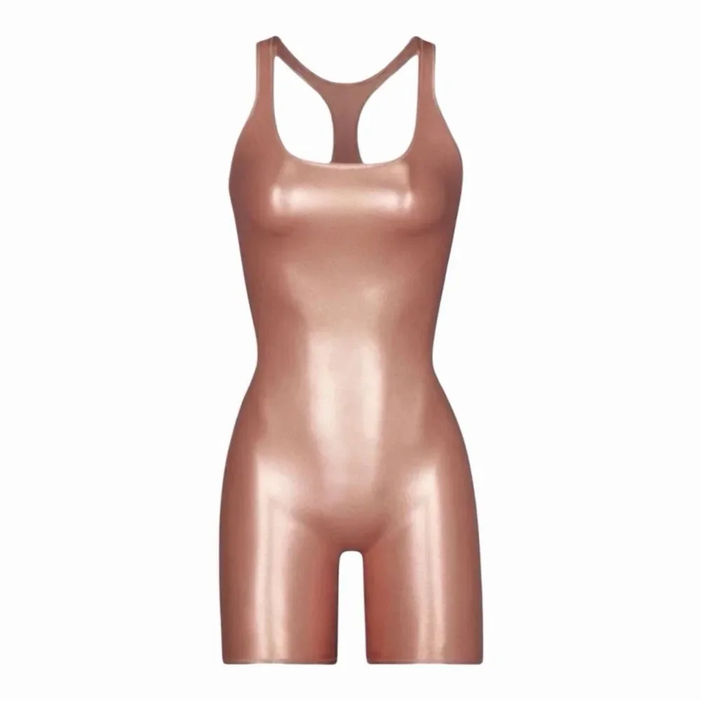 SKIMS Swim Women's Champagne Gold Metallic Racerback Romper Suit Size Medium NWT